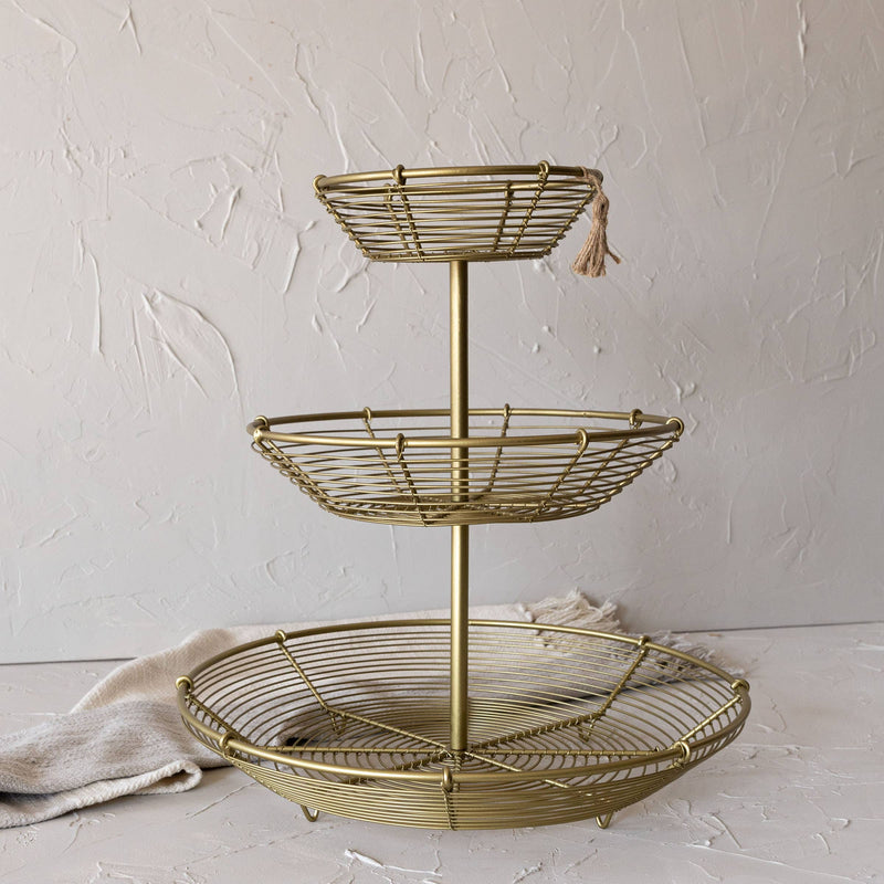 Auden 3-Tiered Brass Basket Riser Metal with Jute Tassel