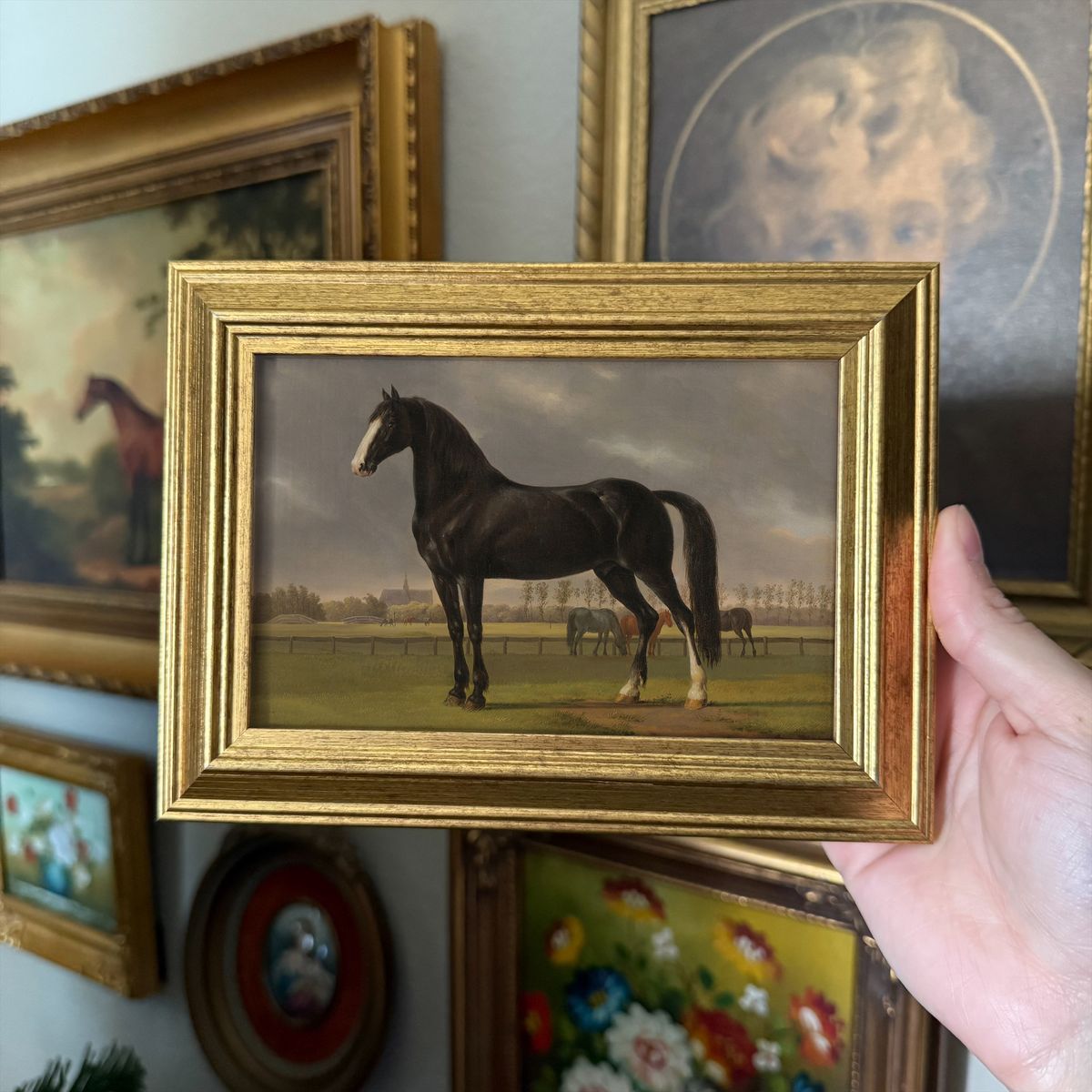 Vintage Style Black Standing horse in landscape Art Print