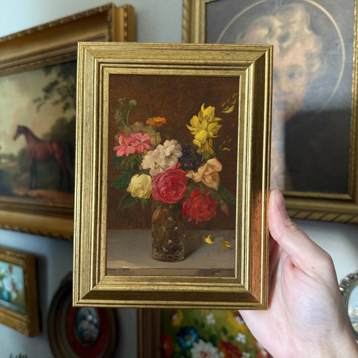 Vintage Style Vase of Roses Art Print Framed