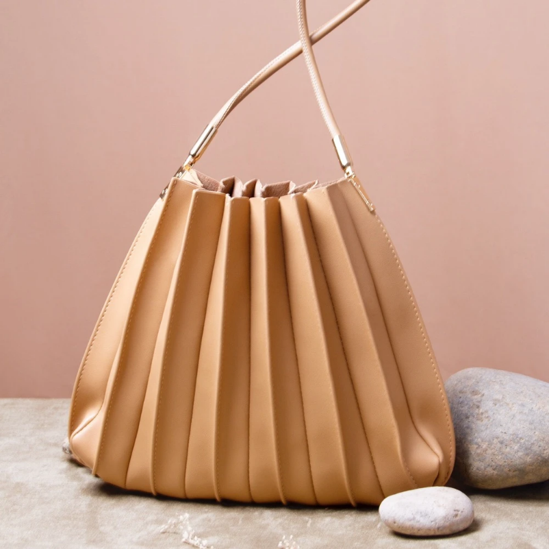 Carrie Taupe Pleated Vegan Shoulder Bag - Cloth + Cabin