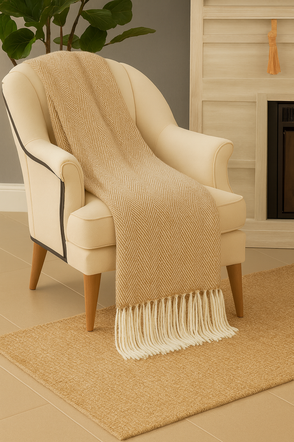 Camel Herringbone Fringed Throw Blanket - Cloth + Cabin