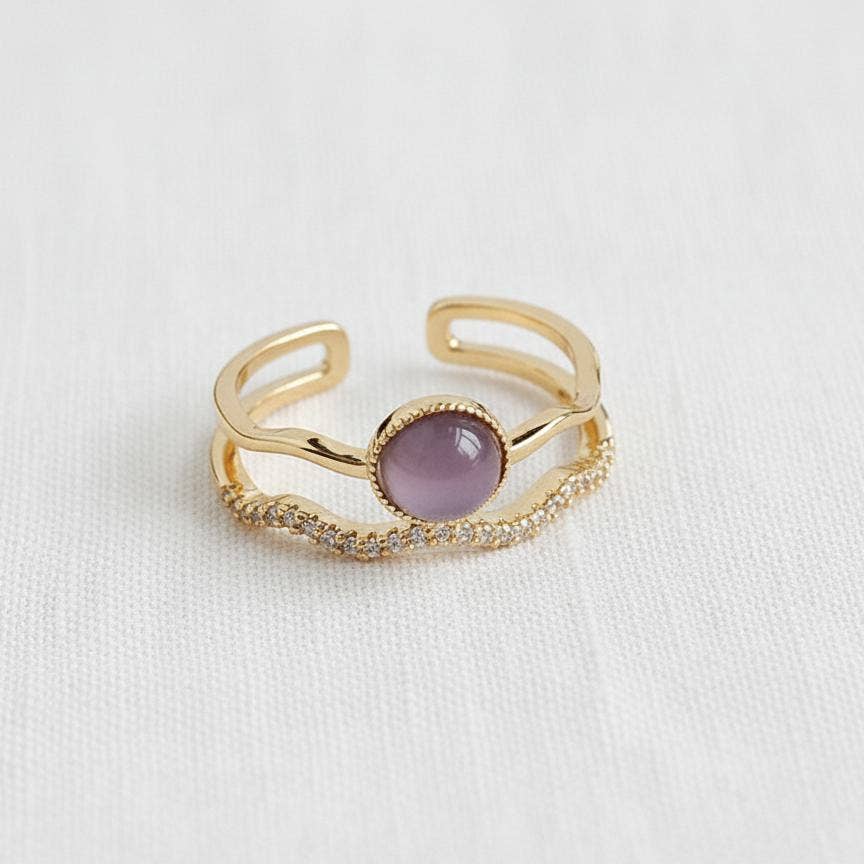 Cubic Zirconia Open Ring with Purple Cat's Eye