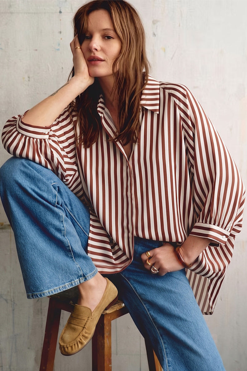 Kaelyn Stripe Wide Puff Sleeve Buttondown Shirt