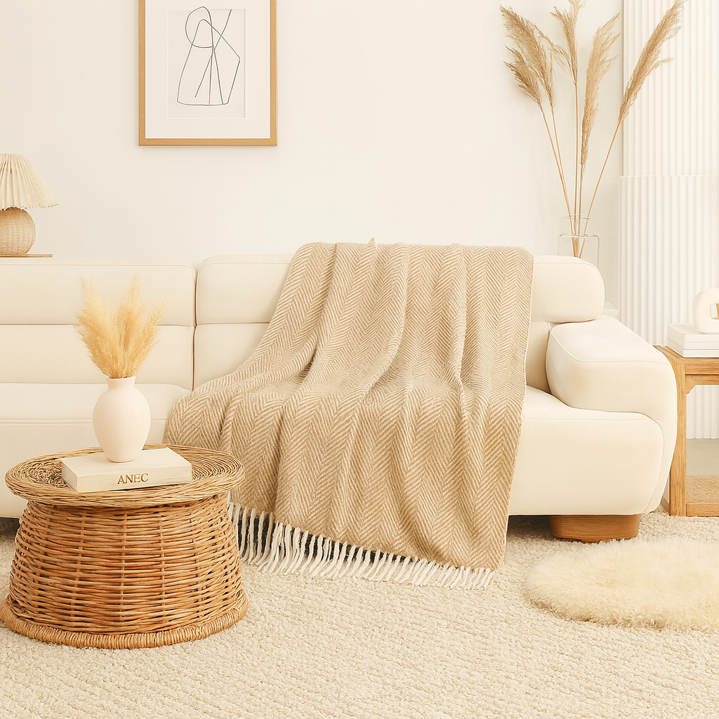 Camel Herringbone Fringed Throw Blanket - Cloth + Cabin