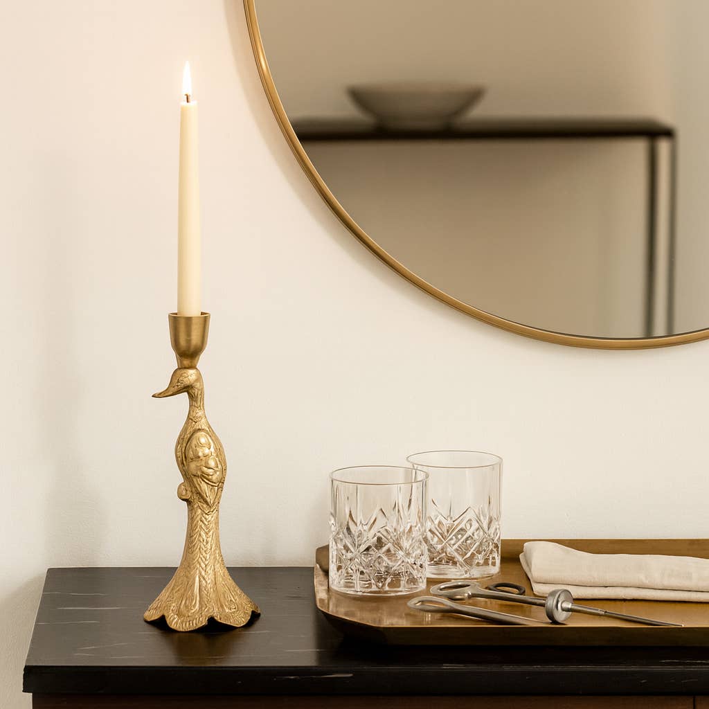 Gold Peacock Taper Candle Holder - Cloth + Cabin