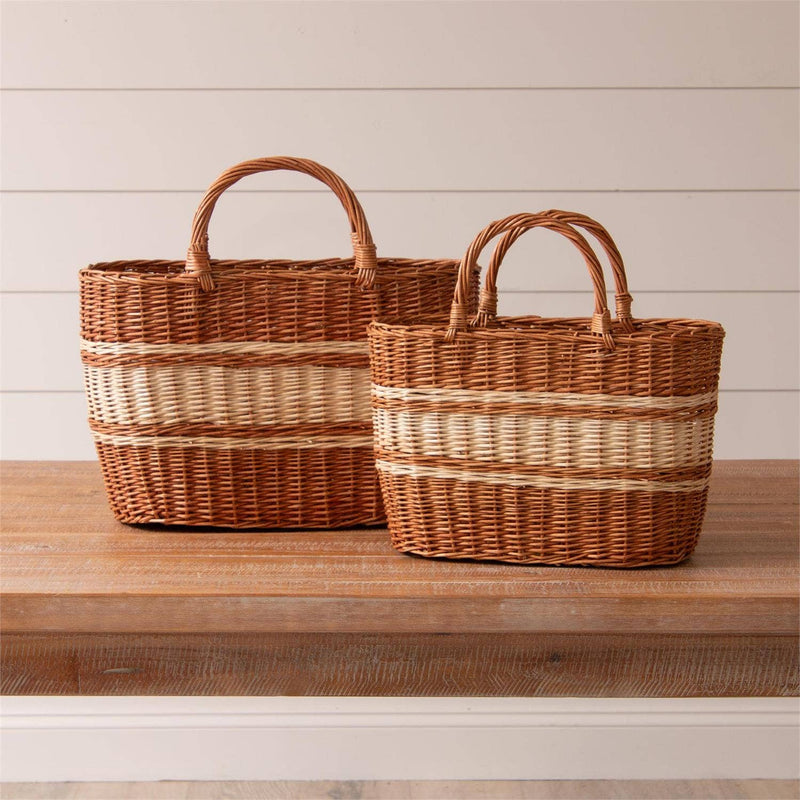 Tan And Cream Striped Wicker Basket
