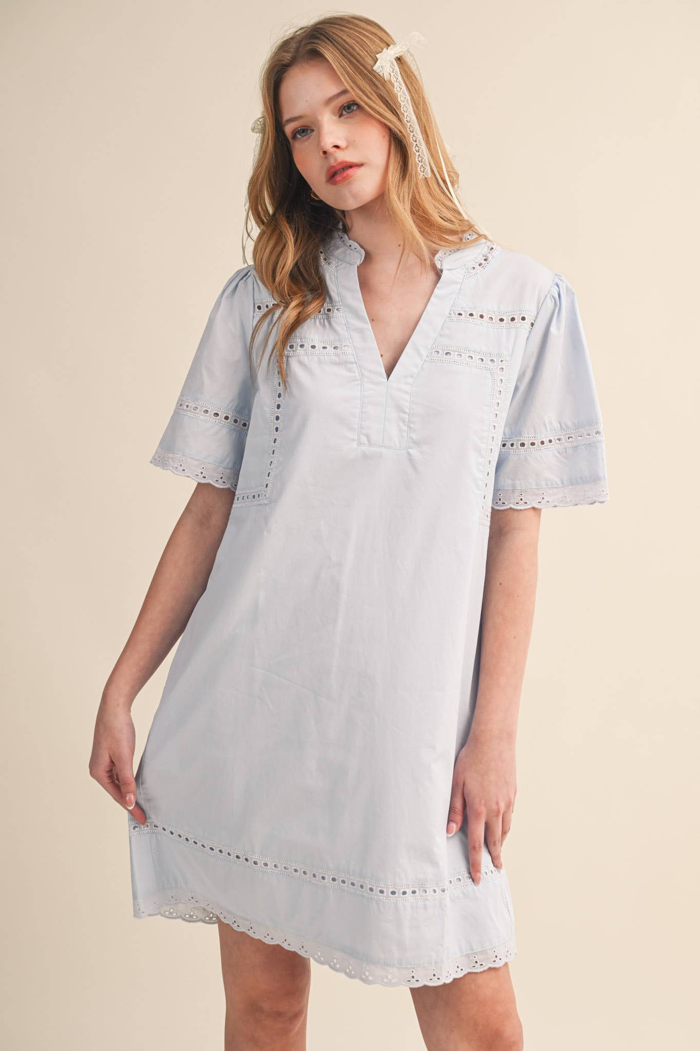 LACE TRIM SHORT SLEEVE TUNIC DRESS MDR4659 - Cloth + Cabin