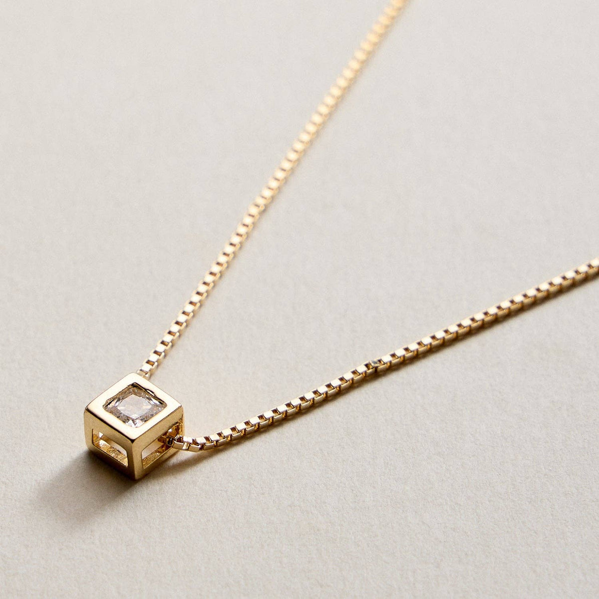 18K Gold Filled CZ in Cube Pendant Necklace