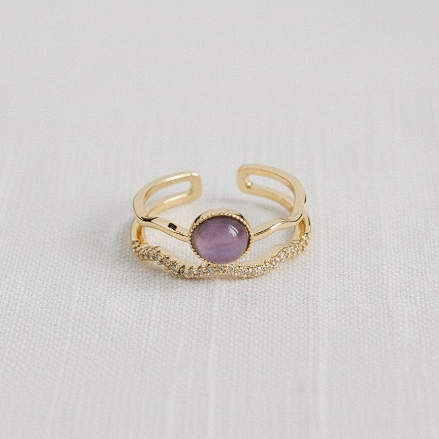 Cubic Zirconia Open Ring with Purple Cat's Eye