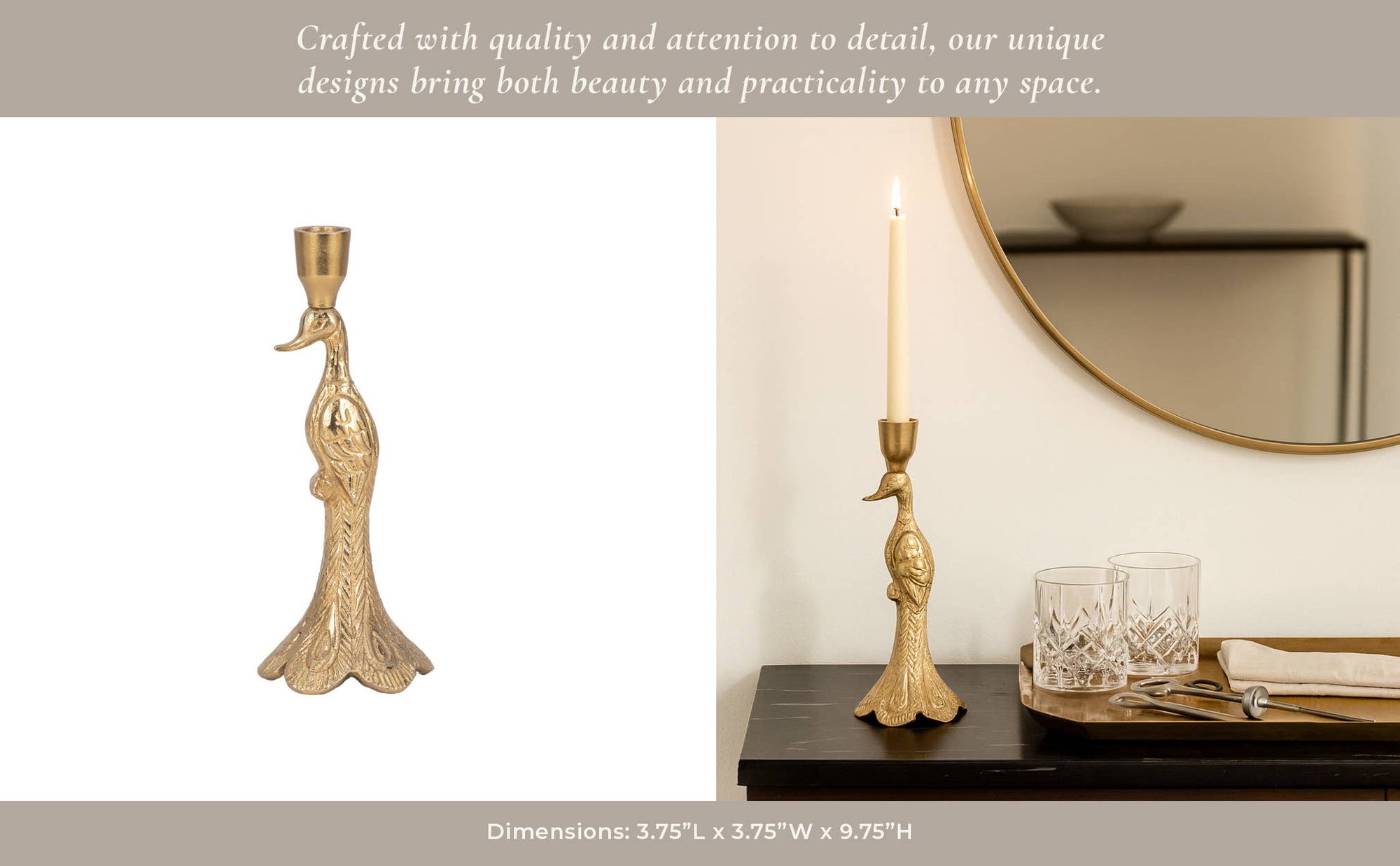 Gold Peacock Taper Candle Holder - Cloth + Cabin