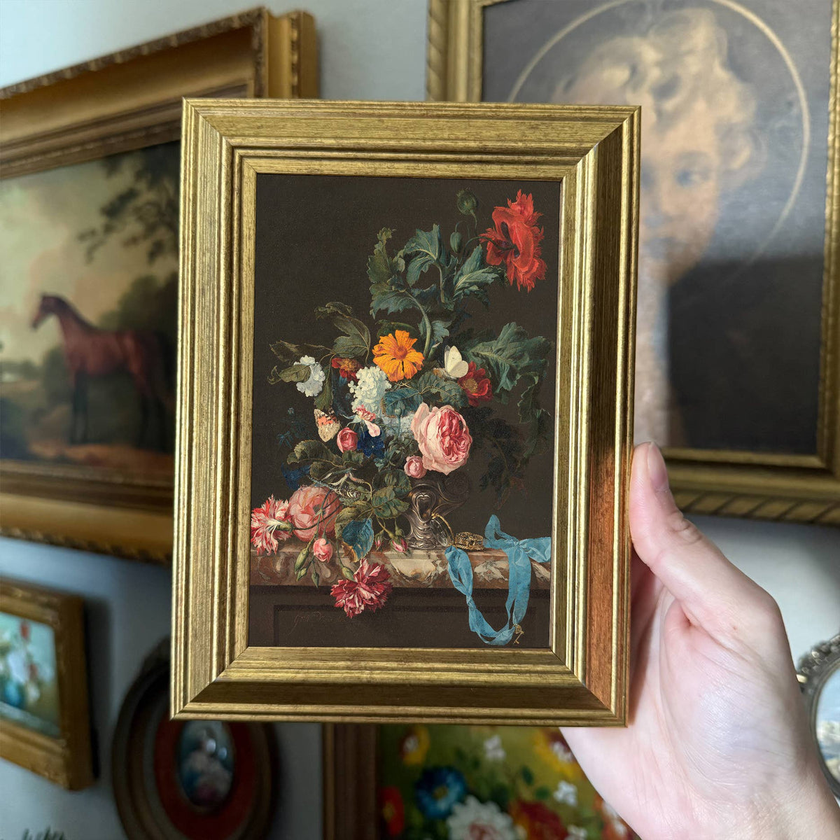 Vintage Style Moody Flowers in vase Art Print Framed