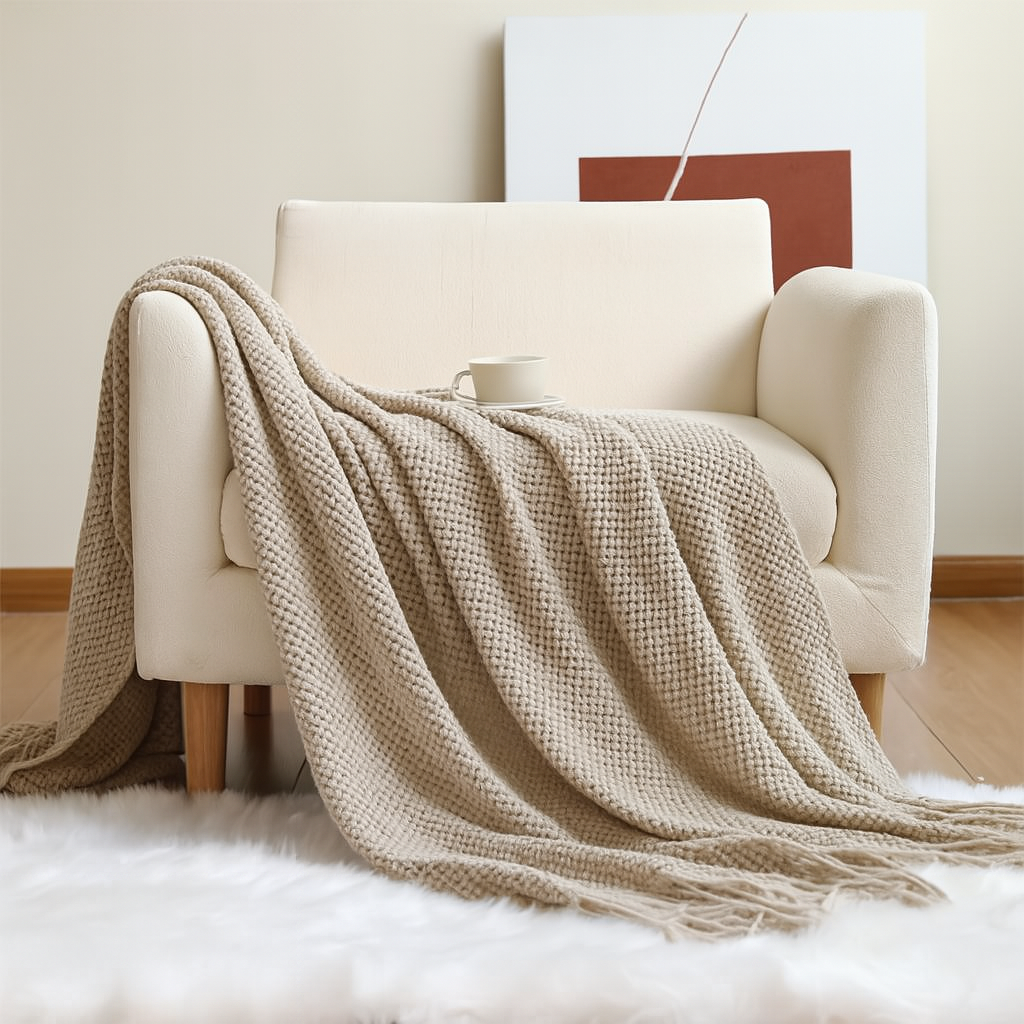 Textured Knit Throw Blanket with Fringe - Cloth + Cabin