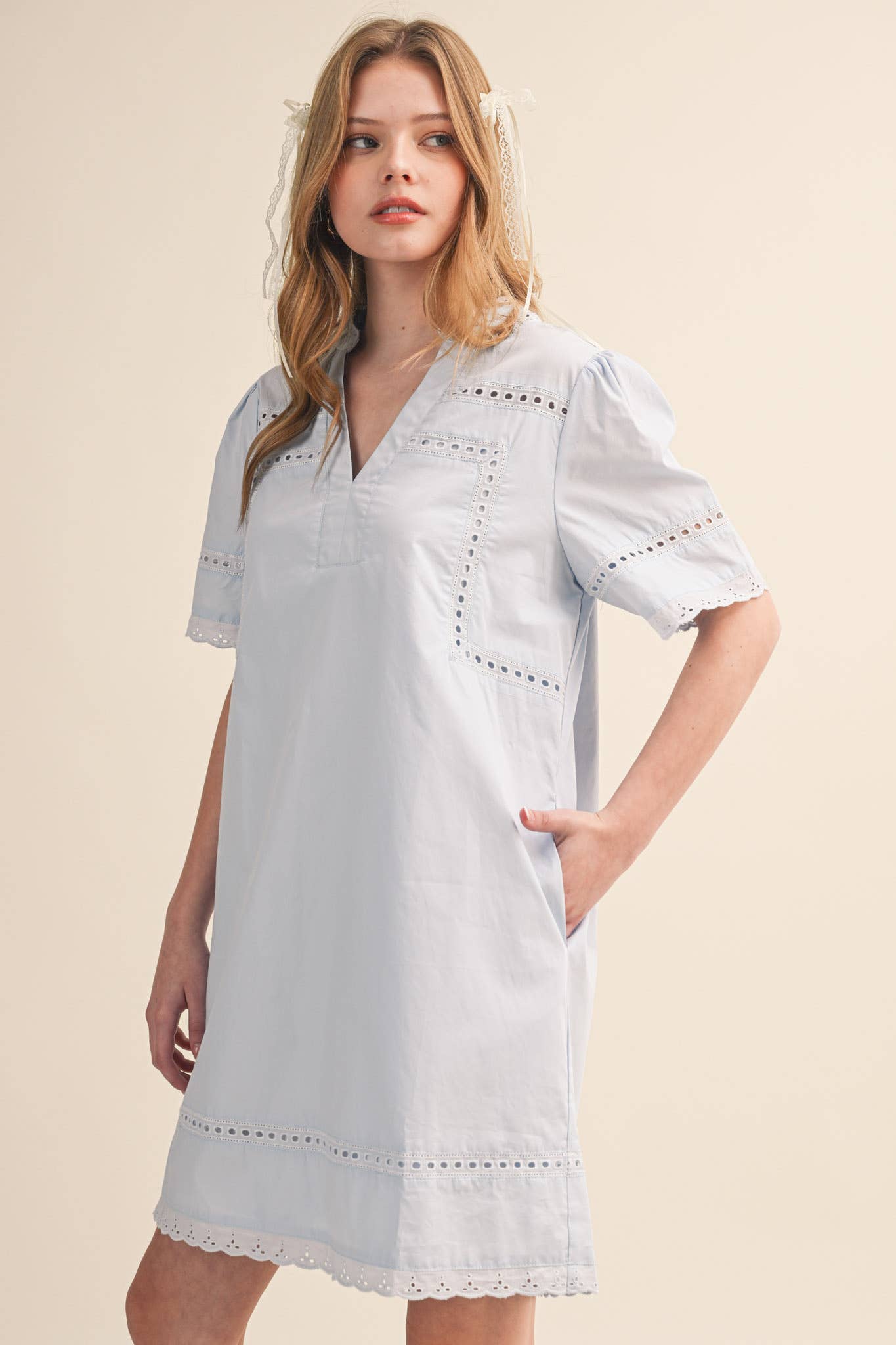 LACE TRIM SHORT SLEEVE TUNIC DRESS MDR4659 - Cloth + Cabin