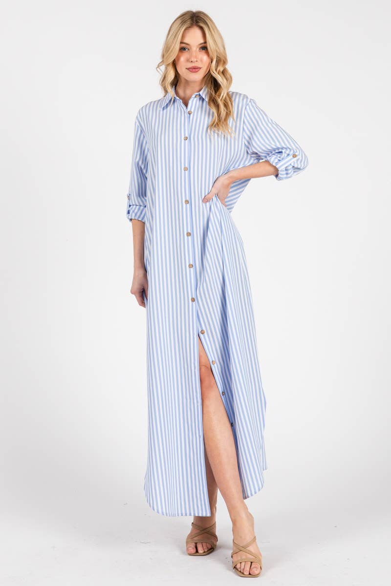 Striped Button Down Shirt Maxi Dress