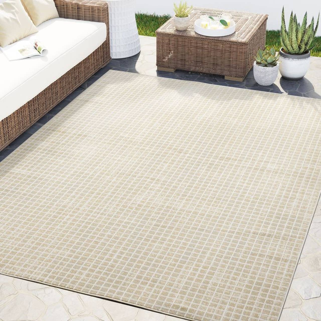 Dalia Beige Micro Grid Indoor Outdoor Rug