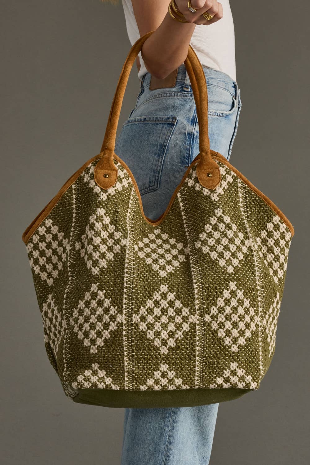 Olive & Cream Diamond Pattern Tote - Cloth + Cabin