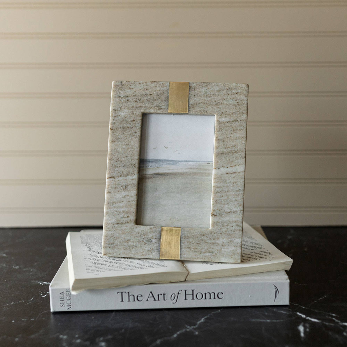 4x6 Photo Soren Beige Marble Picture Frame Brass Inlay