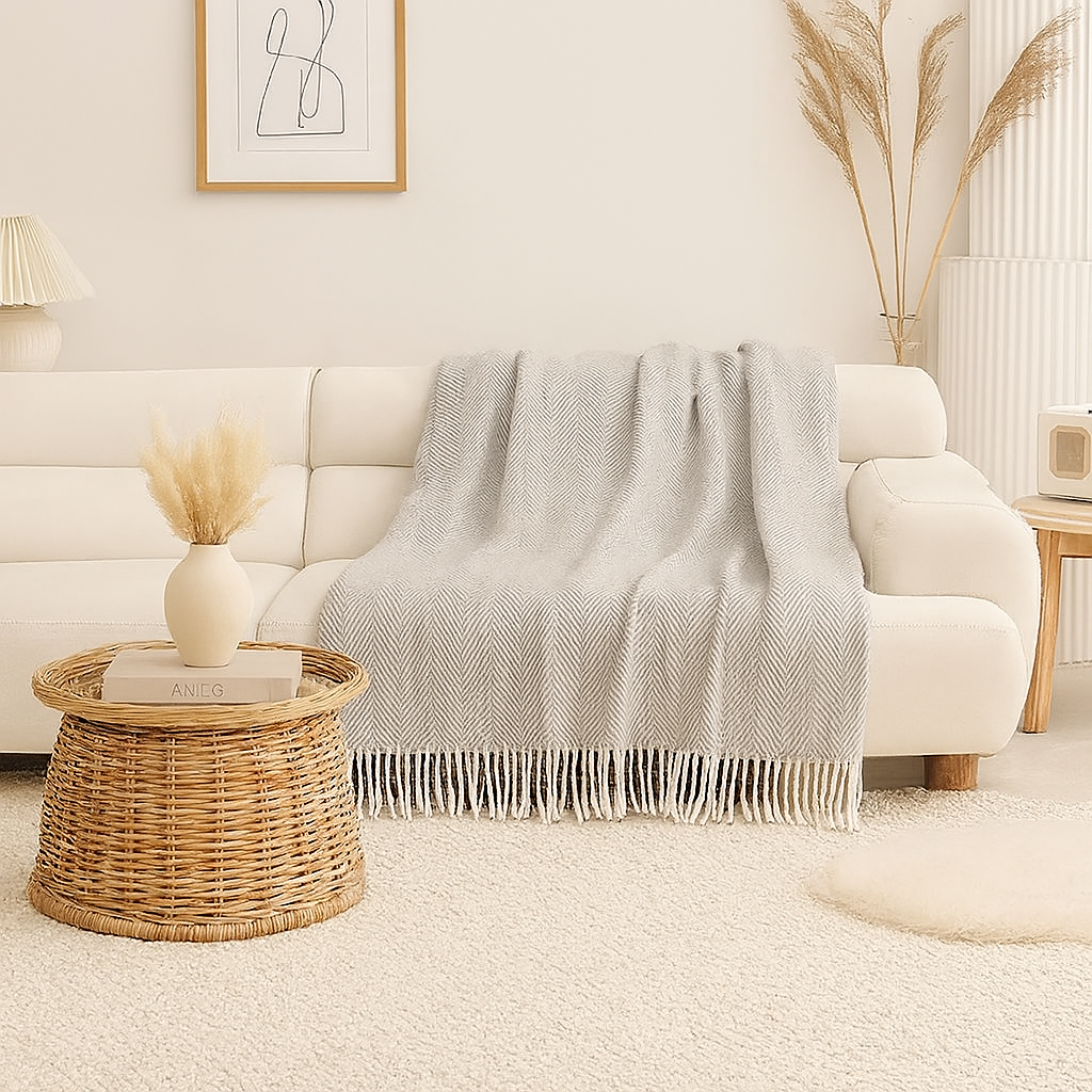 Grey Herringbone Fringed Throw Blanket - Cloth + Cabin
